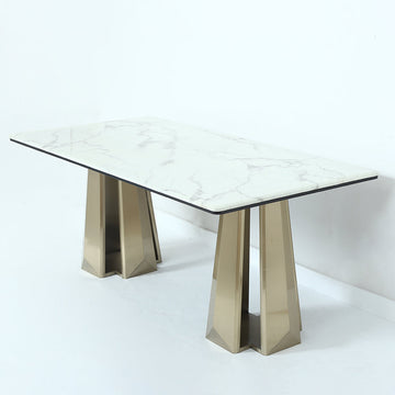 78.7" White Modern Dining Table with Geometric Double Base in Gold Finish